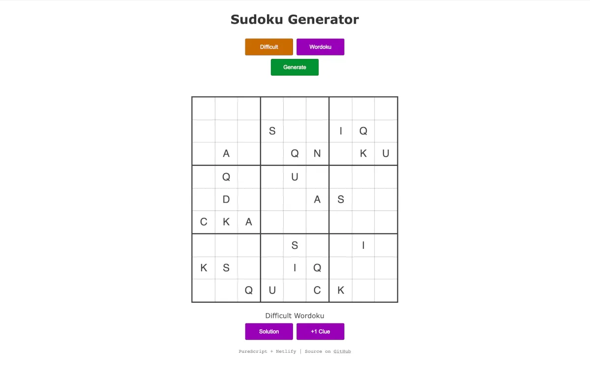 A generated Wordoku puzzle with letters arranged in a nine-by-nine grid